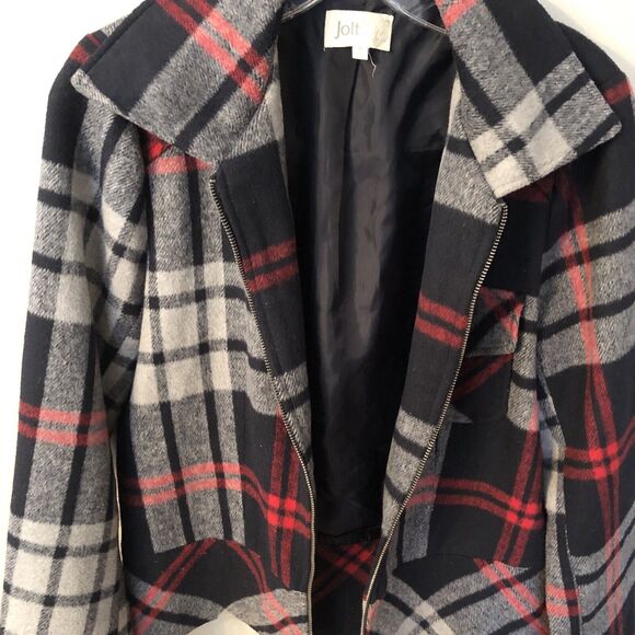 JOLT MEDIUM BLACK GREY PLAID WOOL FLANNEL ZIP FRONT JACKET PEPLUM CHEST POCKET - Picture 7 of 9
